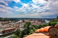 Panoramic view of Passau. Aerial skyline of old town from Veste Oberhaus castle . Confluence of three rivers Danube, Inn Royalty Free Stock Photo