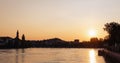 Panoramic view of Passau at the Danube River at sunset, golden hour, Germany Royalty Free Stock Photo