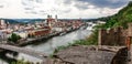 Panoramic view of Passau. Top view of suspension bridge. Aerial skyline of old town with beautiful reflection in Danube