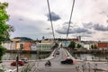 Panoramic view of Passau. Top view of suspension bridge. Aerial skyline of old town with beautiful reflection in Danube
