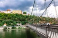 Panoramic view of Passau. Top view of suspension bridge. Aerial skyline of old town with beautiful reflection in Danube