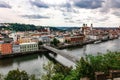 Panoramic view of Passau. Top view of suspension bridge. Aerial skyline of old town with beautiful reflection in Danube