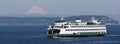 Panoramic View of a Ferry Boat Crossing the Puget Sound with Cascade Mountains in the background