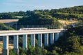 Panoramic view on passenger train TGV crossing the railway flyover. Royalty Free Stock Photo