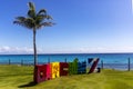 Panoramic view of the path and boardwalk on a cliff in Cancun on the caribbean sea in Mexico. Tropical vegetation on a beach. Royalty Free Stock Photo