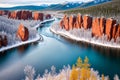 a panoramic view of the Patoniva River and scenic red rocks.