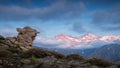 Panoramic view of the peaks of Sierra Nevada, Granada, Andalusia, at sunset between clouds.