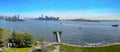 Panoramic view from the pedestal of the Statue of Liberty of the New York City skyline. Royalty Free Stock Photo