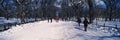 Panoramic view of pedestrians walking on fresh snow in Central Park, Manhattan, New York City, NY on a sunny winter day