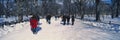 Panoramic view of pedestrians walking on fresh snow in Central Park, Manhattan, New York City, NY on a sunny winter day