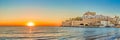 Panoramic view of Peniscola during sunrise, a coastal town in eastern Spain, Costa del Azahar, Province Castello, Spain