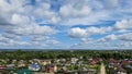 Panoramic view of Pereslavl Zalesskiy city and Plesheevo lake under cloudy dramatic blue sky