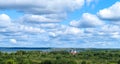 Panoramic view of Pereslavl Zalesskiy city and Plesheevo lake under cloudy dramatic blue sky Royalty Free Stock Photo