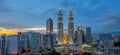 Panoramic View of Petronas Twin Towers at Sunset Royalty Free Stock Photo