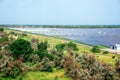 Panoramic view of photovoltaic power station, solar park, solar farm, solar power plant. Banner with modern solar farm Royalty Free Stock Photo