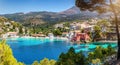 Panoramic view of the picturesque fishing village of Assos on the island of Kefalonia, Greece