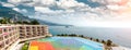 Panoramic view of picturesque seaside and colorful helipad. Monte Carlo, Principality of Monaco