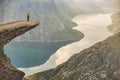 Panoramic view of picturesque view of Trolltunga and the fjord underneath Royalty Free Stock Photo