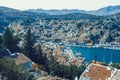 Panoramic view of the picturesque village on the Greek island of Symi, Dodecanese, Greece Royalty Free Stock Photo