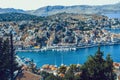 Panoramic view of the picturesque village on the Greek island of Symi, Dodecanese, Greece Royalty Free Stock Photo