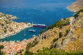 Panoramic view of the picturesque village on the Greek island of Symi, Dodecanese, Greece Royalty Free Stock Photo