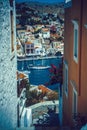 Panoramic view of the picturesque village and port Gialos on the Greek island of Symi, Dodecanese, Greece Royalty Free Stock Photo