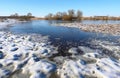 Winter river, Panoramic view of the picturesque winter-spring landscape at sunrise. Royalty Free Stock Photo