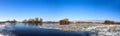 Winter river, Panoramic view of the picturesque winter-spring landscape at sunrise. Royalty Free Stock Photo