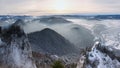 Panoramic view of the Pieniny Mountains. A beautiful winter landscape seen from the Okraglica peak. Frosty and misty morning Royalty Free Stock Photo
