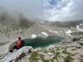 Panoramic view of Pilato lake during cloudy day of summer, Italy Royalty Free Stock Photo
