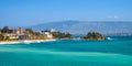 Panoramic view of Piraeus port city touristic quarter at the Saronic Gulf of Aegean sea in broad metropolitan Athens area in