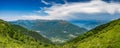 Panoramic view of Pizzo di Gino, Monte Grona, Monte Legnone, Lake Como and surrounding mountains as seen from Monte Tremezzo