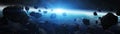 Panoramic view of planet Earth with asteroids flying close 3D re Royalty Free Stock Photo