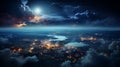 Panoramic view on planet Earth globe from space. Glowing city lights, light clouds. AI generate Royalty Free Stock Photo