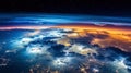 Panoramic view on planet Earth globe from space. Glowing city lights, light clouds. Generative AI Royalty Free Stock Photo