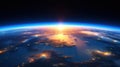 Panoramic view on planet Earth globe from space. Glowing city lights, light clouds. Generative AI Royalty Free Stock Photo