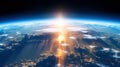 Panoramic view on planet Earth globe from space. Glowing city lights, light clouds. Generative AI Royalty Free Stock Photo