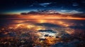 Panoramic view on planet Earth globe from space. Glowing city lights, light clouds. Generative AI Royalty Free Stock Photo