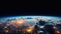 Panoramic view on planet Earth globe from space. Glowing city lights, light clouds. Generative AI Royalty Free Stock Photo