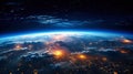 Panoramic view on planet Earth globe from space. Glowing city lights, light clouds. Generative AI Royalty Free Stock Photo