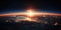 Panoramic view on planet Earth globe from space. Glowing city lights, light clouds. Generative AI Royalty Free Stock Photo
