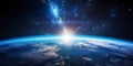 Panoramic view on planet Earth globe from space with rising sun. Glowing city lights, light clouds. Generative AI Royalty Free Stock Photo