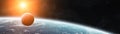 Panoramic view of planet Earth with the moon 3D rendering elements of this image furnished by NASA Royalty Free Stock Photo