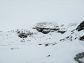 Panoramic view on plateau in high snowy mountains covered snow at sunny spring day. the highroad,snow mountain and blue sky with