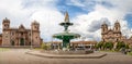 Panoramic view of Plaza de Armas with Inca fountain, Cathedral and Compania de Jesus Church - Cusco, Peru Royalty Free Stock Photo