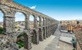 Panoramic view at Plaza del Azoguejo and the historic Roman aqueduct.