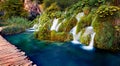 Panoramic view of Plitvice National Park at afternoon. Beautiful summer scene of pure water waterfalls. Splendid landscape of Croa