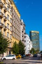 Panoramic view of Polna street with Zebra Tower office plaza of Union Investment in Srodmiescie district of Warsaw, Poland