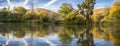 Panoramic view of the pond in Garin Dry Creek Pioneer Regional Park at sunset, San Francisco bay, California