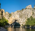 The panoramic view of the Pont dArc in the Ardeche gorges in Europe, France, Ardeche, in summer, on a sunny day Royalty Free Stock Photo